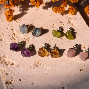 Silver Plated Raw Gemstone Stud Earring, Healing Crystal Earrings, Aquamarine Amethyst Earring, Citrine Earrings, Gift for Her
