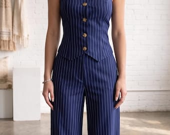 Deconstructed Pinstripe Set – Asymmetric Off-the – Aesthetic Office Siren Suit – Edgy Y2K Tailored Two-Piece – Chic Striped Power Suit