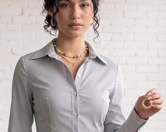 Striped Corset Shirt – Long Sleeve Button-Down Blouse with Lace-Up Back – Aesthetic Office Siren Top – Snatched Waist Tailored Shirt – Chic