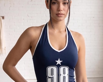 Vintage Y2K Sporty Camisole – Aesthetic Retro 98 Graphic Tank Top – Cyber Core Navy Color Block Cami – Trendy Blockette Aesthetic Tee