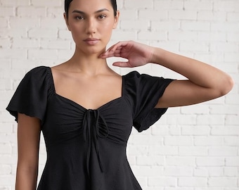 Chic Jacquard V-Neck Tee – Aesthetic Drawstring Ribbed Top – Minimalist Y2K Short Sleeve Blouse – Elegant Clean Girl Summer Shirt – Trendy