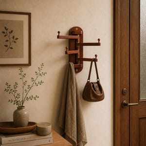 May include: A wooden wall-mounted coat rack with four rotating arms. A brown leather handbag hangs from one arm, and a tan towel is draped from another. The rack is mounted on a light-colored wall, with a wooden door and framed artwork in the background.