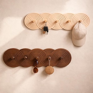 Ganci da parete in legno stile boho con motivo a onde – Appendiabiti minimalista – Organizzatore per l'ingresso in stile boho