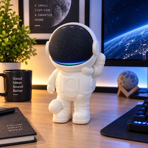 Könnte beinhalten: Ein weißer, astronautenförmiger Smart-Speaker-Ständer mit einem schwarzen, stoffbezogenen, kreisförmigen Lautsprecherkopf. Das Gerät verfügt über einen leuchtend blauen Lichtstreifen im Visierbereich und integrierte Steuertasten auf der Oberseite.