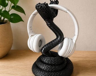 Soporte para auriculares con forma de serpiente negra | Soporte gótico para auriculares | Decoración para escritorio de videojuegos | Regalo único para gamers | Organizador de escritorio con forma de serpiente