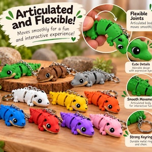 Pode incluir: Uma coleção de porta-chaves de crocodilo articulados em várias cores sólidas, incluindo verde, castanho, cinzento, branco, amarelo, laranja, azul, vermelho, roxo e rosa. Cada porta-chaves apresenta um corpo flexível, olhos grandes e expressivos e um anel de metal.
