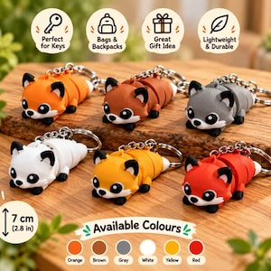 May include: Six animal-shaped keychains in orange, brown, grey, white, yellow, and red. Each keychain features a cartoon-style creature with a segmented body and a metal ring. A measurement graphic indicates a length of 7 cm for the items.