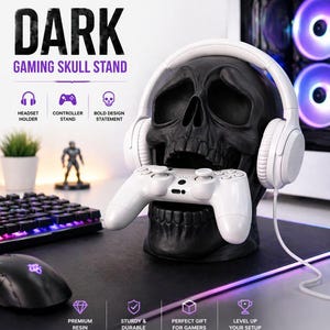 Skull Headphone & Controller Stand – Dark Gaming Desk Decor – 3D Printed Headset Holder – Gamer Setup – Gift for Gamers