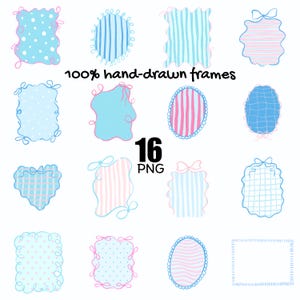 May include: A collection of 16 hand-drawn frames in various shapes, including rectangles, ovals, and scalloped edges. The designs feature blue and pink patterns like stripes, polka dots, and grids, with some frames accented by small bows.