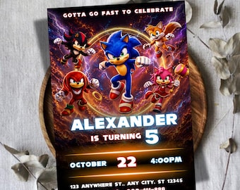 Plantilla editable de Canva para invitación de cumpleaños de Sonic the Hedgehog, invitación para fiesta de Sonic, invitación digital de cumpleaños, descarga instantánea.