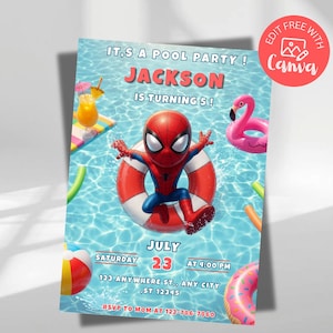 May include: A pool party invitation featuring a cartoon Spider-Man character in a red and white life ring. The background shows blue water with a pink flamingo float, a beach ball, and a drink. Text includes IT'S A POOL PARTY, JACKSON IS TURNING 5, JULY 23, SATURDAY AT 4:00 PM, 123 ANYWHERE ST., ANY CITY, ST 12345.