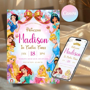 Princess Birthday Invitation Template | Disney Princess Invite | Editable Canva Invitation | Girl Birthday Party Card | Instant Download image 2