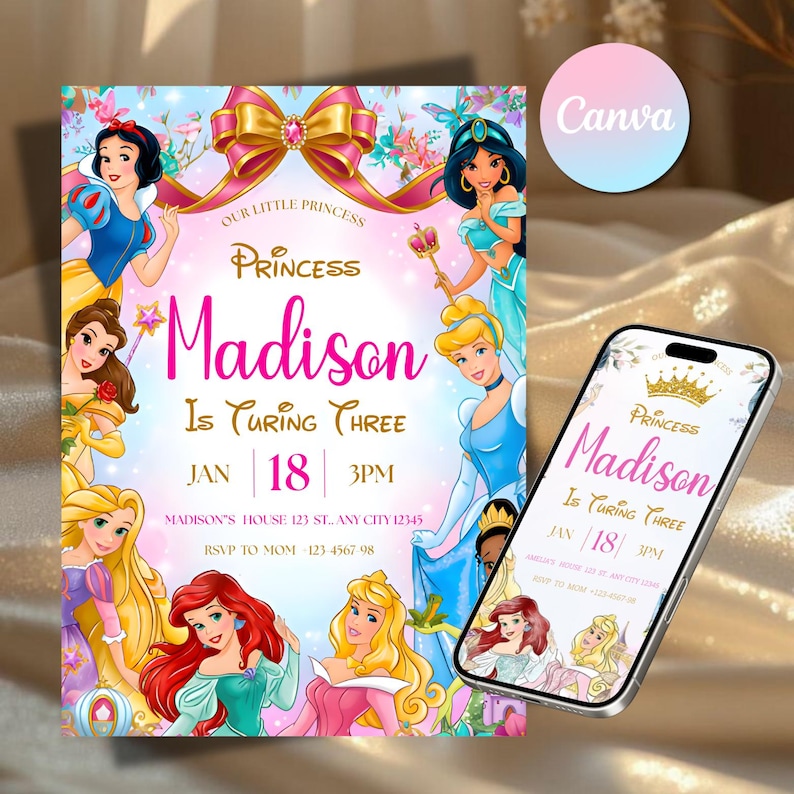 Princess Birthday Invitation Template | Disney Princess Invite | Editable Canva Invitation | Girl Birthday Party Card | Instant Download image 2