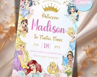 Princess Birthday Invitation Template | Disney Princess Invite | Editable Canva Invitation | Girl Birthday Party Card | Instant Download