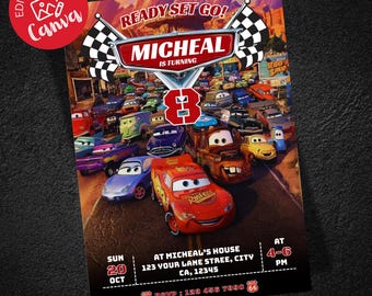Plantilla de invitación de cumpleaños de Cars / Invitación de Rayo McQueen / Invitación editable de Canva para fiesta de coches de carreras para niños