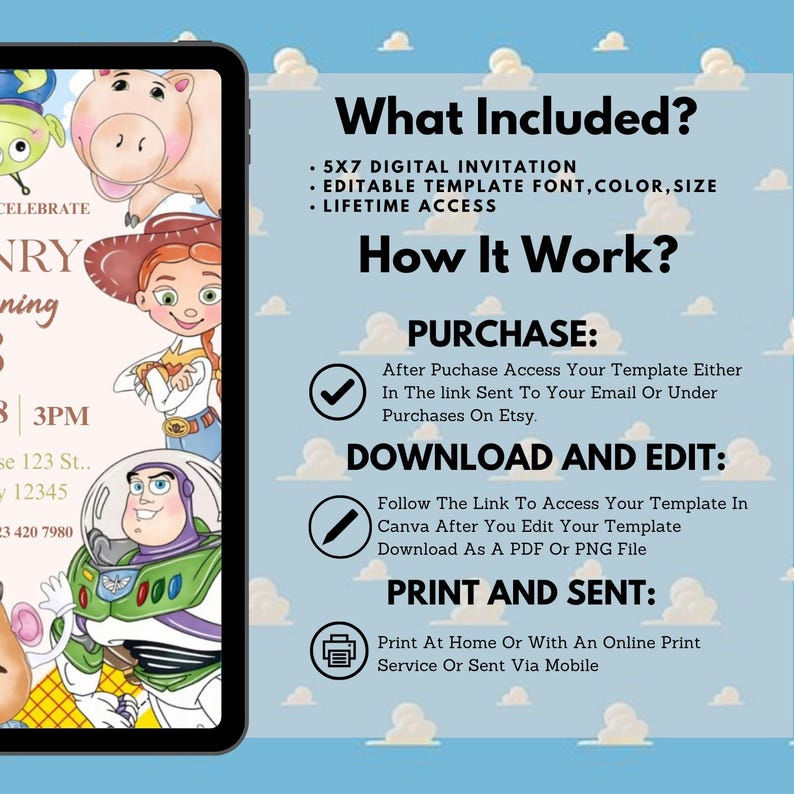 Op de afbeelding: Een digitale uitnodigingssjabloon op een tablet, met Toy Story-personages. De tekst bevat "Wat is inbegrepen?" en "Hoe werkt het?" met instructies. De uitnodiging is 12,7 x 17,8 cm groot.