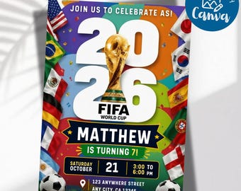 Plantilla de invitación de cumpleaños de fútbol, invitación para fiesta de la Copa Mundial de la FIFA 2026, plantilla de Canva para cumpleaños de fútbol, invitación editable para cualquier edad.