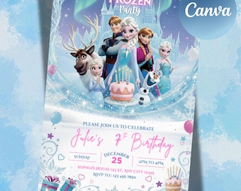 Frozen Birthday Invitation, Elsa & Anna Party invitation, Editable Frozen Birthday Party Invite, Frozen Evite, Canva Any Age Card, Kids Bday