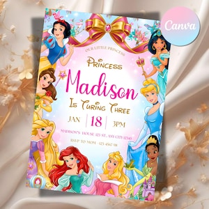 Pode incluir: Um convite de aniversário com princesas da Disney. O convite é rosa e branco com o texto "Madison está fazendo três anos" e detalhes do evento. Princesas da Disney como Branca de Neve, Bela e Ariel são ilustradas.