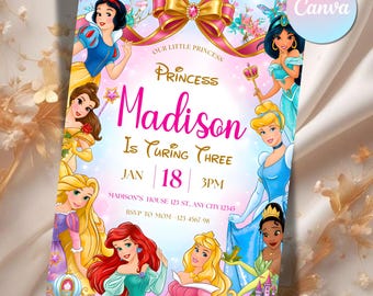 Princess Birthday Invitation Template | Disney Princess Invite | Editable Canva Invitation | Girl Birthday Party Card | Instant Download