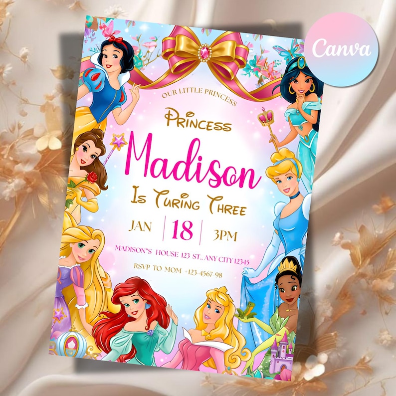 May include: A birthday party invitation featuring Disney princesses. The invitation is pink and white with the text "Madison Is Turning Three" and event details. Disney princesses such as Snow White, Belle, and Ariel are illustrated around the border.