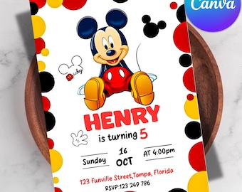 Plantilla de invitación de cumpleaños de Mickey Mouse / Invitación editable en Canva / Tarjeta de fiesta de Mickey / Invitación de cumpleaños infantil / Descarga instantánea