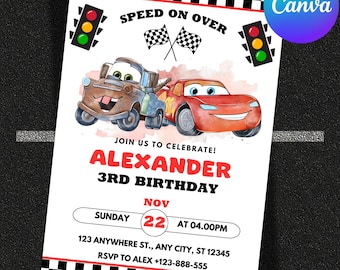 Zaproszenie Lightning McQueen, zaproszenie urodzinowe, zaproszenie urodzinowe dla dzieci, cyfrowy szablon Canva