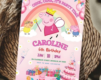 Editable Peppa Pig Birthday Invitation, Kids Birthday Party invite Personalized Canva Template, Digital Download