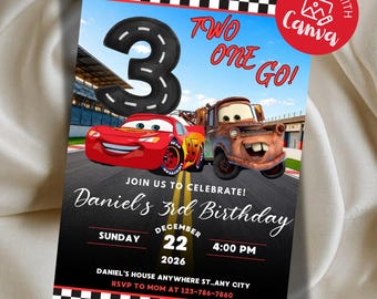 Invitación de cumpleaños de Rayo McQueen para el tercer cumpleaños, fiesta infantil, temática de coches, plantilla editable de Canva (descarga digital).