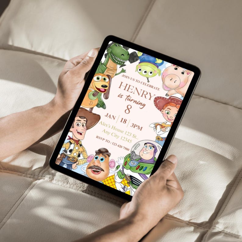 Sjabloon Toy Story-verjaardagsuitnodiging | Bewerkbare canvasuitnodiging | Kinderfeestkaart | Woody Buzz-thema | Digitale uitnodiging direct downloaden afbeelding 3