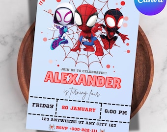 Editable Watercolor Spidey and his Amazing Friends Birthday Party Invitation, Superhero Birthday Invite Canva Template, Instant Download