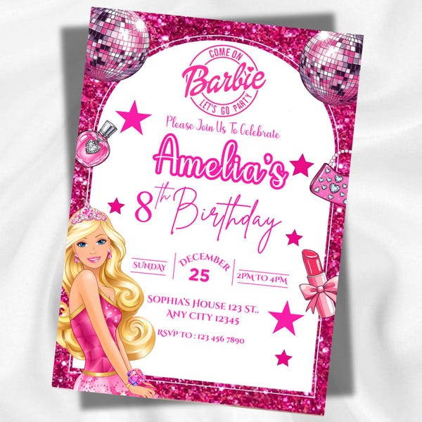 Editable fashion doll birthday Invitation | Pink Barbie Party Invite | Girl Birthday Invitation | Instant Download | Canva Template