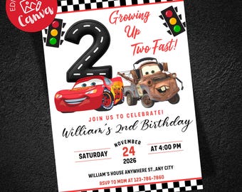 Invitación de cumpleaños de Cars con Rayo McQueen, invitación de cumpleaños de Dos Rápidos, plantilla para fiesta de coches de carreras, descarga instantánea.