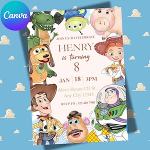 Könnte beinhalten: Eine Geburtstagseinladung mit Figuren aus dem Film Toy Story. Die Einladung enthält den Text "HENRY wird 8" sowie Datum, Uhrzeit und Ort der Party. Der Hintergrund ist hellblau mit weißen Wolken.