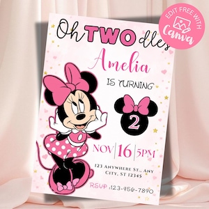May include: A pink birthday invitation card featuring Minnie Mouse, the text Oh TWO dles, Amelia IS TURNING, the number 2 inside a mouse ear silhouette, and event details including NOV 16 5PM, 123 ANYWHERE ST., ANY CITY, ST 12345, and RSVP 123-456-7890.