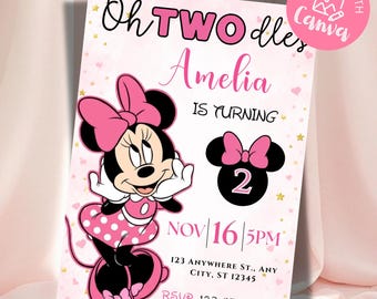 Plantilla editable de invitación de cumpleaños de Minnie Mouse / Invitación para fiestas de cumpleaños de cualquier edad / Invitación de cumpleaños infantil / Descarga instantánea