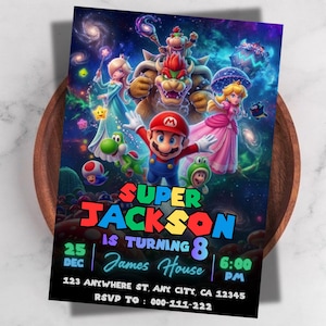 May include: A vibrant invitation card featuring characters from the Super Mario Bros. series. The design includes the text "Super Jackson is turning 8", along with the date, time, and venue details for the event.