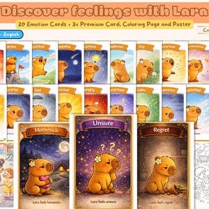 Op de afbeelding: Een complete set emotiekaarten met een cartoon capibara-personage. De set bevat 20 emotiekaarten, 3 premiumkaarten, een kleurplaat en een poster. De kaarten tonen verschillende gevoelens met illustraties en tekst.