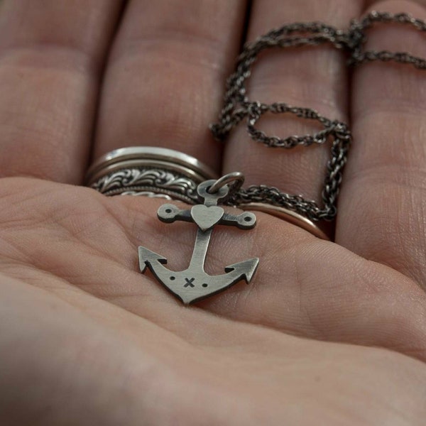 Sterling Silver Anchor And Heart Pendant Necklace - Nautical, Tattoo, Sailor