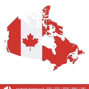 Puede incluir: Un gráfico rojo y blanco de la bandera canadiense superpuesto a un mapa de Canadá. La bandera presenta una hoja de arce roja sobre un fondo blanco, con bordes rojos. La imagen incluye el texto "Instant download EPS / SVG / PDF / PNG / JPG".