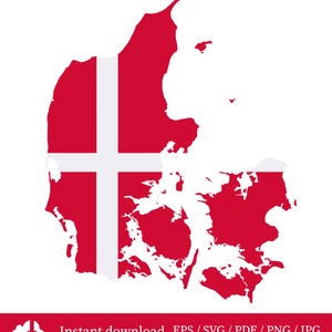 May include: A red and white graphic of the country of Denmark, featuring the Danish flag design on the map. The text "Instant download EPS / SVG / PDF / PNG / JPG" is at the bottom.