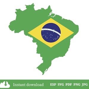 May include: A green outline of Brazil with the Brazilian flag superimposed. The flag has a yellow diamond with a blue circle containing stars and the words "Ordem e Progresso". The image includes the text "Instant download".