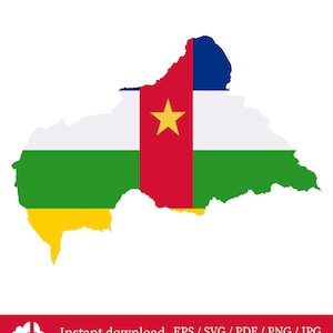 May include: A map of the Central African Republic, colored with the country's flag. The flag design includes a vertical red stripe, a yellow star, and horizontal stripes of green, white, and blue. The text "Instant download" is at the bottom.