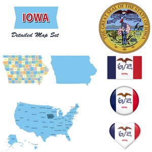 Può includere: Una collezione di grafiche a tema Iowa. Include un banner con "IOWA" in rosso, un set di mappe dettagliate, il sigillo di stato, la bandiera di stato e una mappa degli Stati Uniti che evidenzia lo Iowa. Anche bottoni rotondi e a forma di cuore con la bandiera dello Iowa.