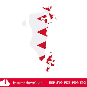 May include: A vector illustration of the Bahrain map, colored in white and red, with the red sections designed as triangles. The image has a white background and a red banner at the bottom with the words "Instant download".