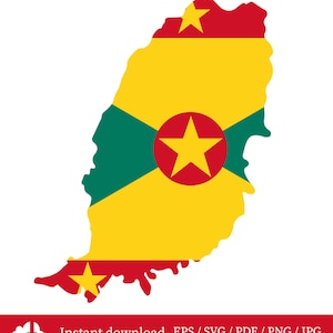 May include: A vector graphic of the island of Grenada, coloured in the national flag's colours: yellow, red, green, and a central star. The image includes the text "Instant download EPS / SVG / PDF / PNG / JPG".