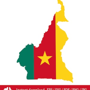 May include: A vector illustration of the Cameroon map in the colors of its flag: green, red, and yellow. The flag's design is incorporated into the map's shape, with a yellow star in the center. The text "Instant download EPS / SVG / PDF / PNG / JPG" is at the bottom.