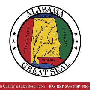 May include: A circular graphic of the Alabama Great Seal, featuring a map of Alabama in yellow, surrounded by red, green, and blue sections representing neighboring states and the Gulf of Mexico. The seal is framed by a black border with the words "ALABAMA GREAT SEAL" and six stars.