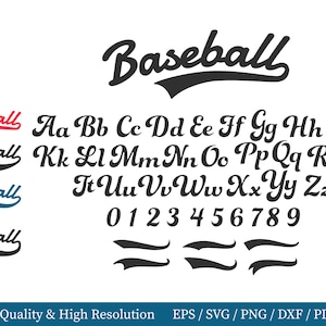 Può includere: Un set di tipografia digitale che presenta la parola Baseball in un carattere corsivo con una sottolineatura a coda. Il set include lettere maiuscole e minuscole dalla A alla Z, numeri da 0 a 9 e tre distinti elementi grafici di sottolineatura.