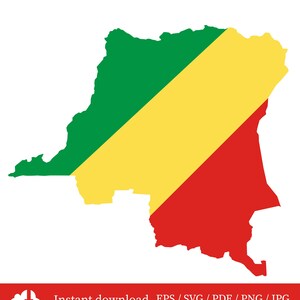 Peut inclure: Une représentation graphique de la République démocratique du Congo, aux couleurs de son drapeau national : vert, jaune et rouge. Le design du drapeau est divisé en diagonale. L'image comprend le texte "Instant download EPS / SVG / PDF / PNG / JPG".